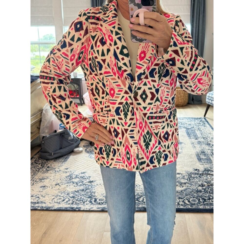 Savanna Jane Woven Ikat-Print Blazer Jacket in Cream & Pink Medium